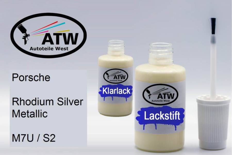 Porsche, Rhodium Silver Metallic, M7U / S2: 20ml Lackstift + 20ml Klarlack - Set, von ATW Autoteile West.